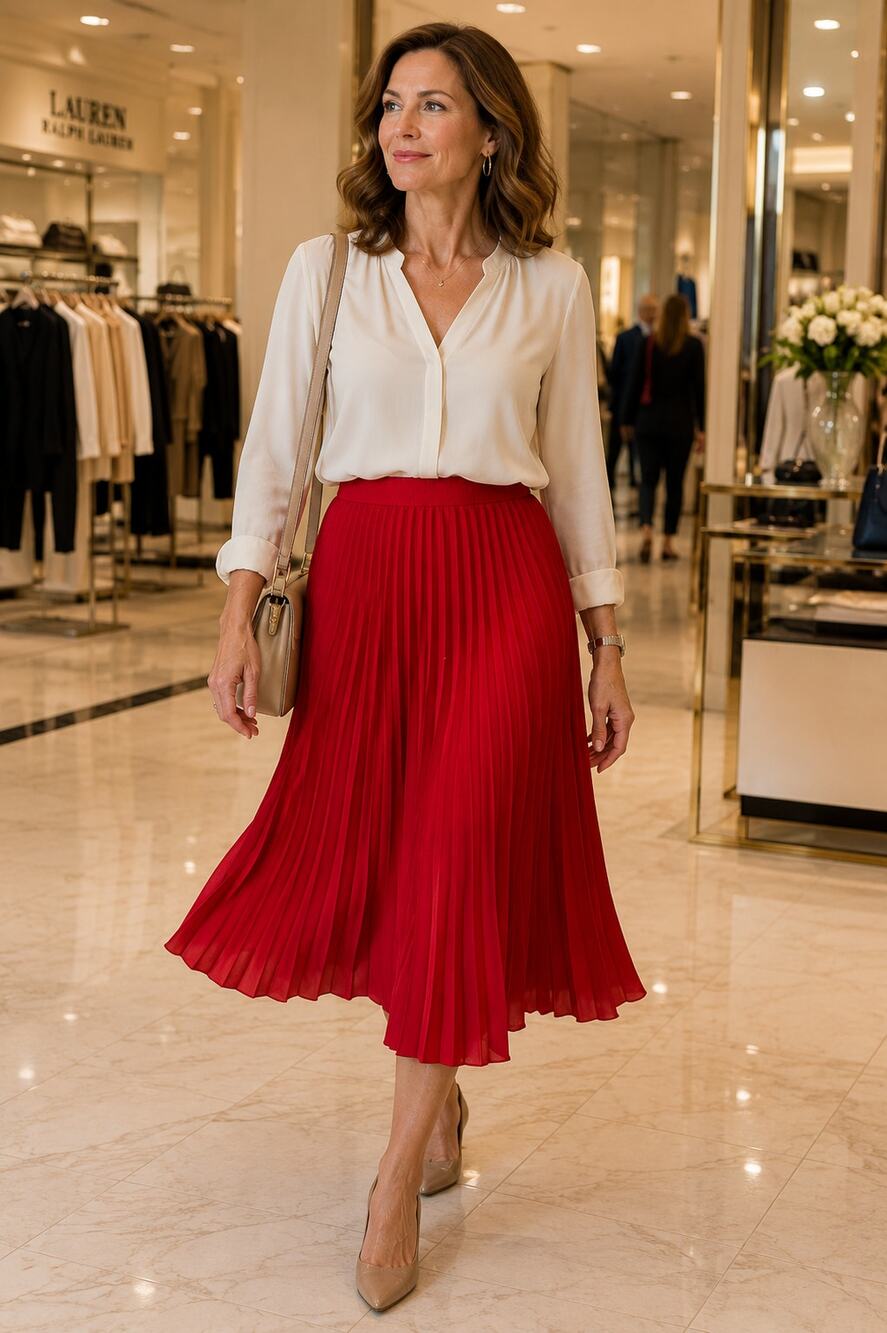 Vintage Red Pleated Midi Skirt USA Made Elastic Waist Accordion Pleated